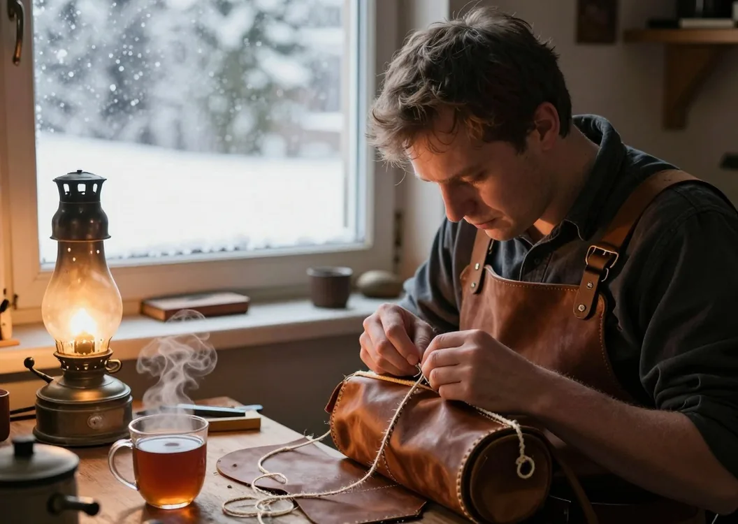 Craftsman stitching a goatskin bagpipe bag with waxed thread by an oil lamp