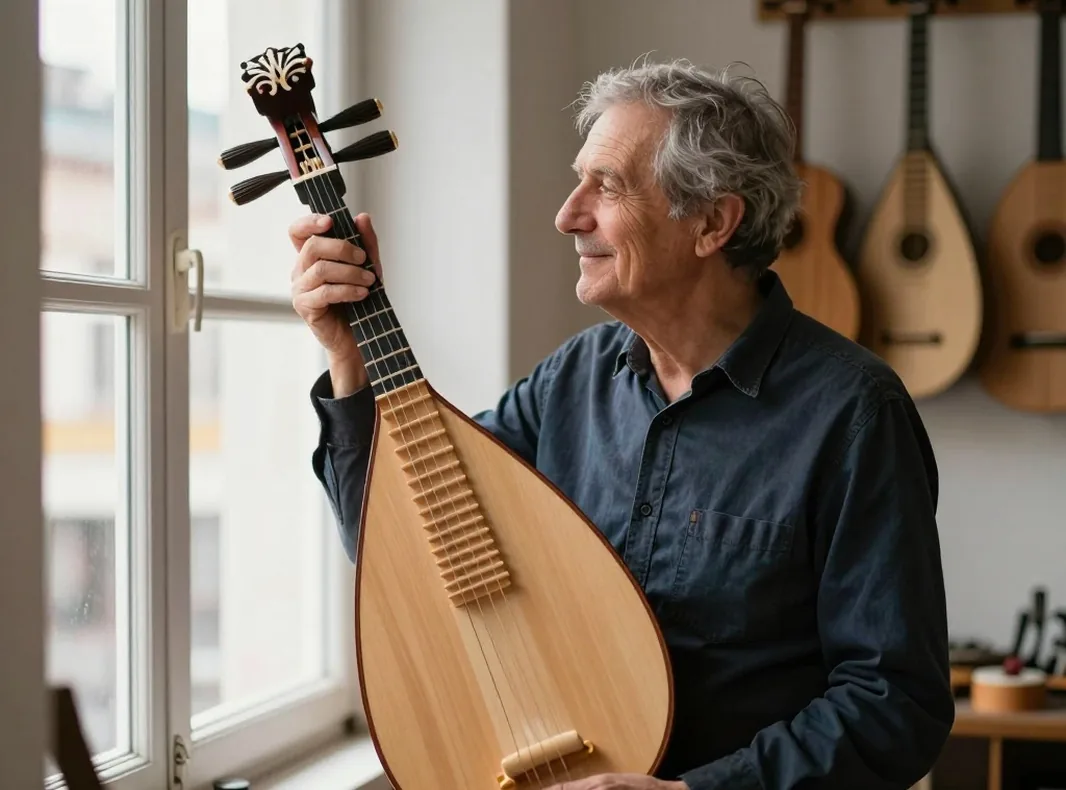 Master luthier holding a newly finished domra up to the window light to inspect its varnish