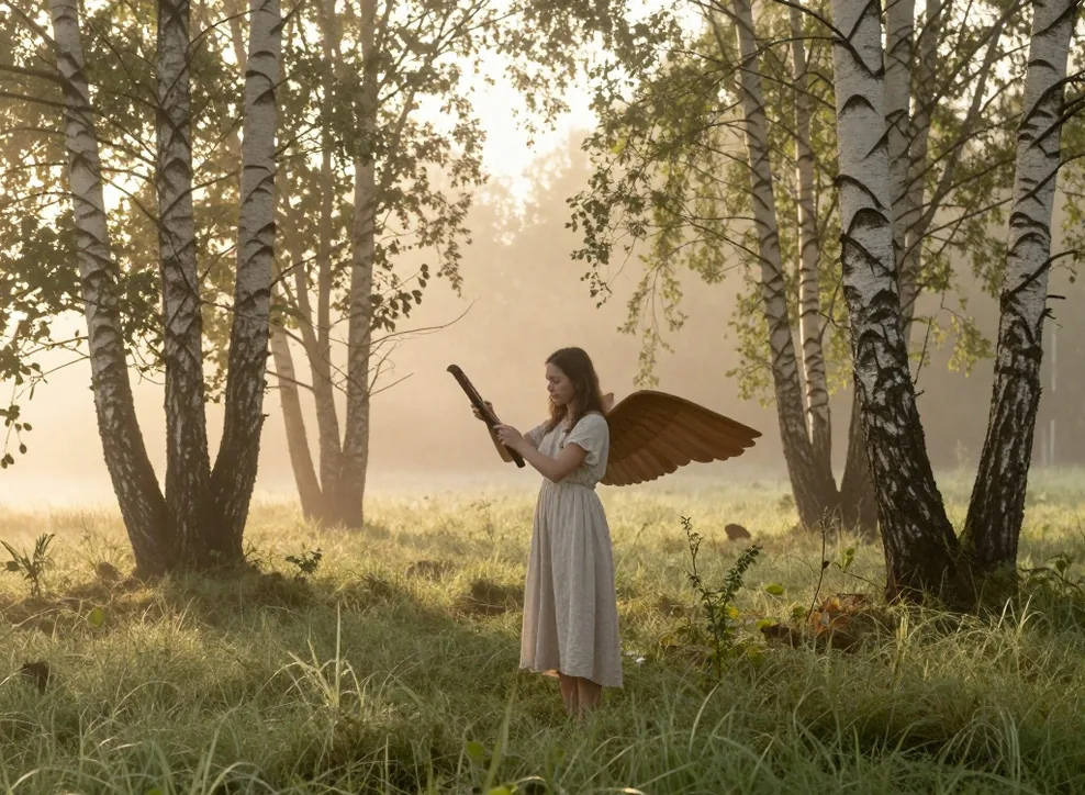 Young woman in a linen dress playing wing shaped gusli on a forest meadow at sunrise