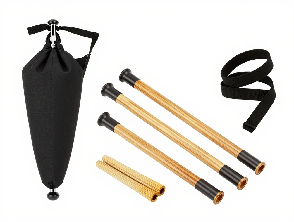 Exploded view of highland bagpipes disassembled into sheepskin bag and three maple pipes