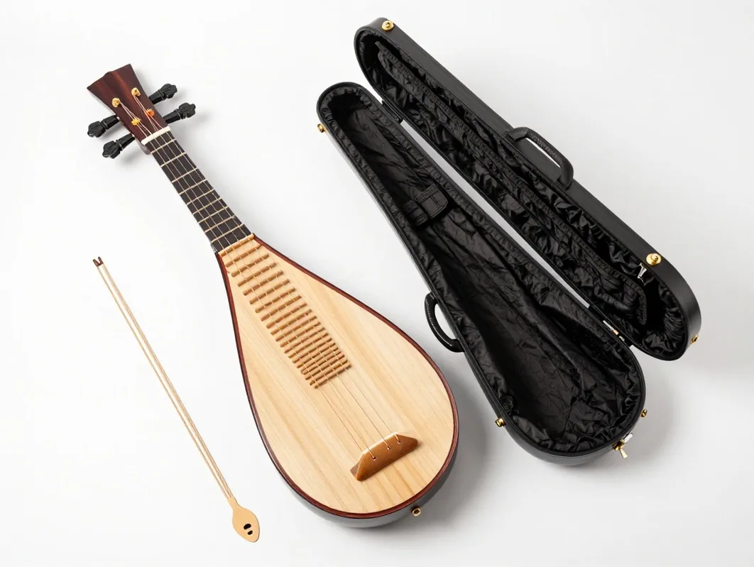 Flat lay of a four string alto domra with rosewood stave back beside its open hard case